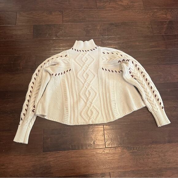 BA&SH Eba Cable Knit Mock Neck Wool Pullover Sweater Small Cream Maroon - Picture 6 of 14